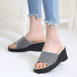 [GIRLS GOOB] Women's Comfortable Wedge Sandal Platform Slip-On Shoes, Synthetic Leather + Glitter - Made in KOREA